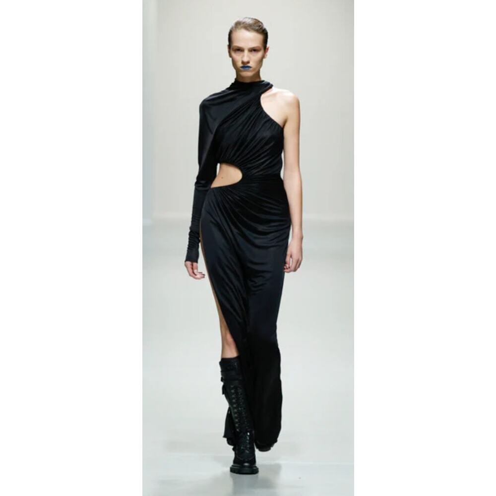 Atlein | NWT One Sleeve Ruched Cut Out Dress in Black Jersey Maxi FR 34 / XS